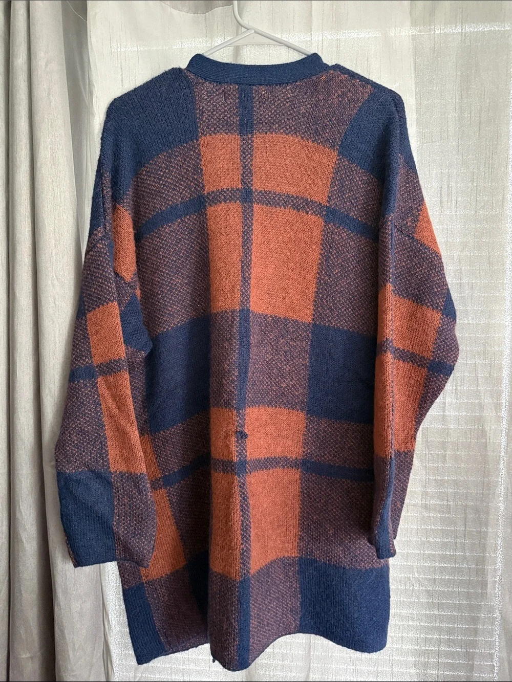 American Eagle Outfitters Open-Front Plaid Cardigan in Navy and Rust